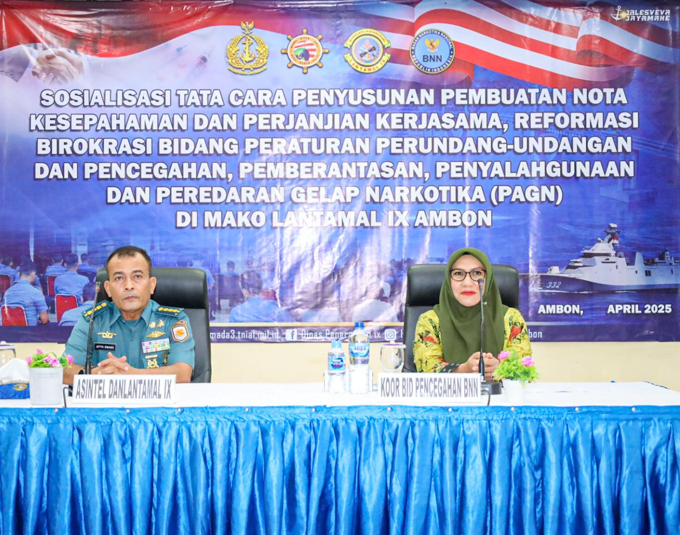 DINAS HUKUM ANGKATAN LAUT GELAR SOSIALISASI HUKUM KEPADA PRAJURIT, ASN LANTAMAL IX AMBON DAN IBU PENGURUS JALASENASTRI KORCAB IX DJA III